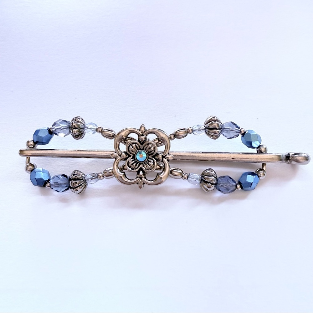 Silver and Blue Decorative Beaded Metal Lilla Rose Hair Clip Flexi Clip Medium